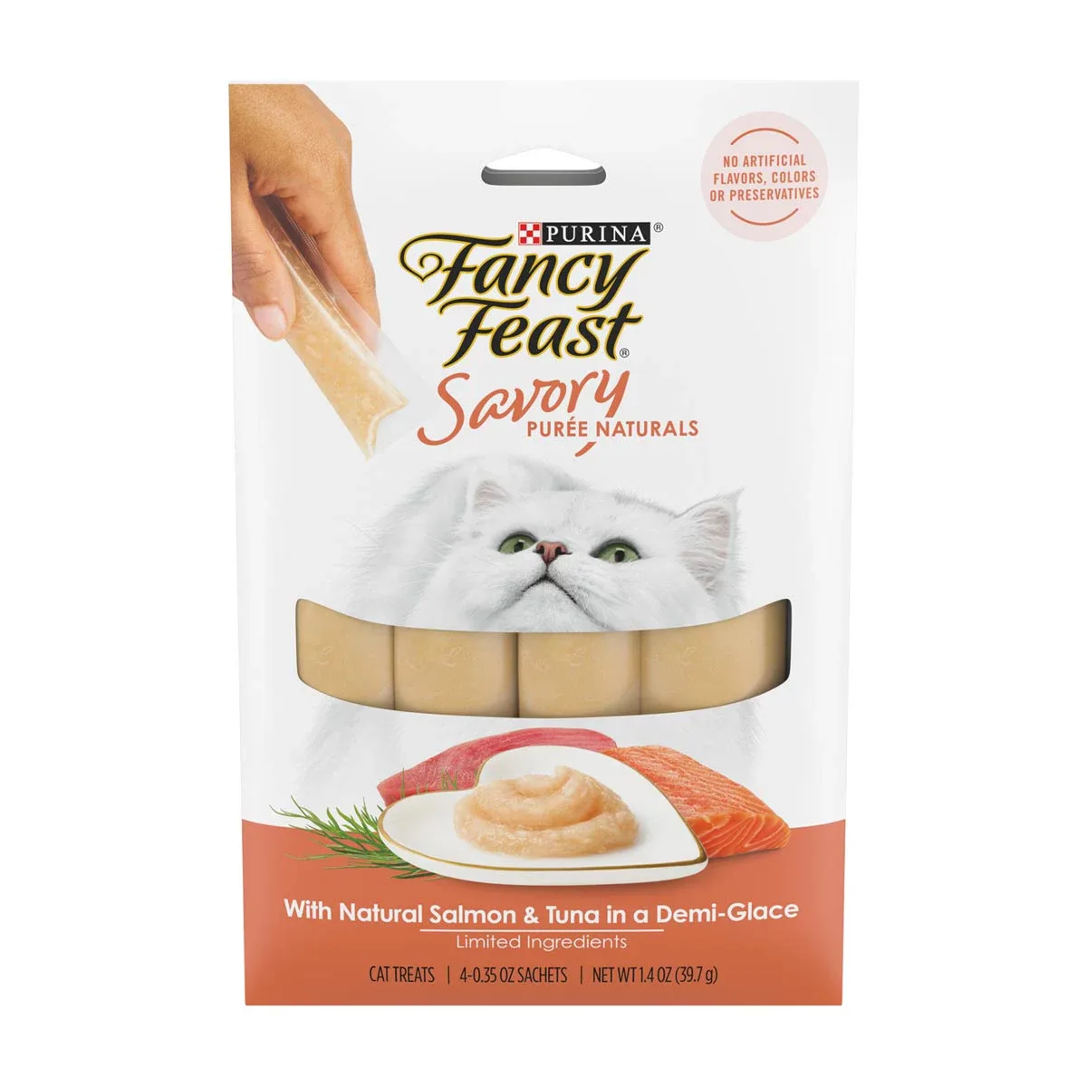 Fancy Feast Squeezable Cat Treats Tube, Savory Puree Naturals with Tuna in Demi-Glace, 36 Count