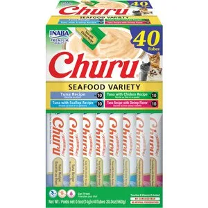 INABA Churu Cat Treats, Grain-Free, Lickable Creamy Puree, Tuna & Seafood Variety, 40 Tubes